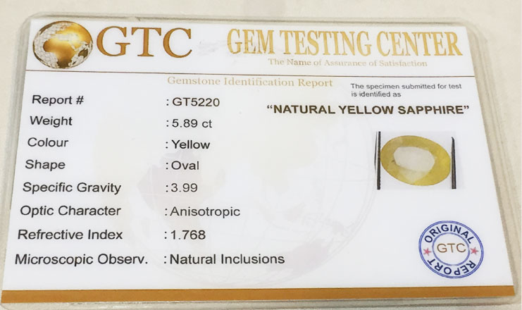 5.89 ct/6.50 ratti Natural Certified Bangkok Pukhraj/Yellow Sapphire